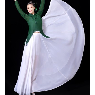 Dark green  with white chinese folk classical dance costumes traditional dance qiapo fairy hanfu dress for women yangko umbrella fan opening dance big swing skirt