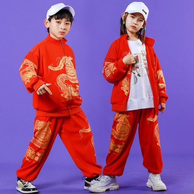 Boy girls children chinese dragon red color hip-hop street jazz dance costumes rapper singers gogo dancers outfits Chinese kungfu clothes for kids