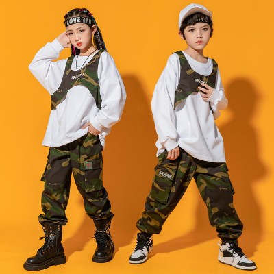 Boys girls hip-hop locomotive jazz dance hiphop dance costume jazz dance clothes rapper singers camouflage clothing Children's cool hip-hop outfits