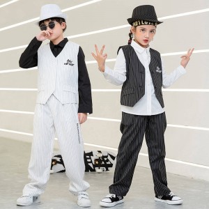 Children black white striped girls boys jazz hiphop dance costumes breaking mechanical dance outfits for boy girls jazz magician performacne clothes
