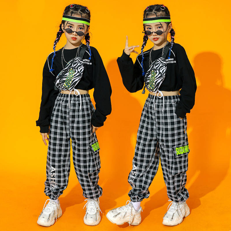 Children girls boys black with white plaid hip-hop street jazz dance costumes rapper singers gogo dancers stage performance outfits model show catwalk costumes