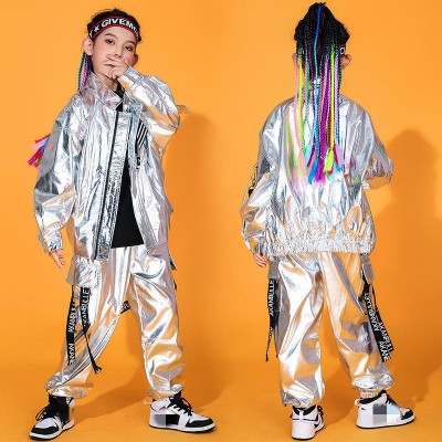 Jazz street Hip-hop dance costumes for boys girls flashing silver leather rapper singer gogo dancers stage performance outfits mechanical dance clothing for kids