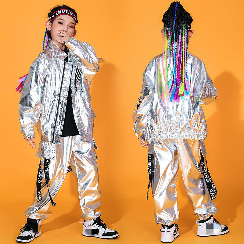 Jazz street Hip-hop dance costumes for boys girls flashing silver leather  rapper singer gogo dancers stage performance outfits mechanical dance  clothing for kids- Content: jacket and pants ( no black t shirt)If