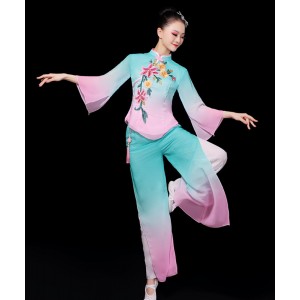 Discount Chinese Folk Dance Costumes for Women girls Blue with pink  China traditional Classical Yangko Umbrella Fance Dance Clothing