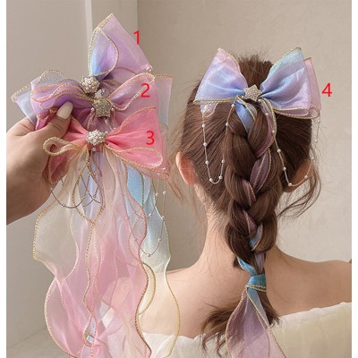 Fairy hanfu princess colorful long hair bow headwear for girl women children's braided hair ponytail tassel streamer hair ribbon hairband tied hairpin for kids