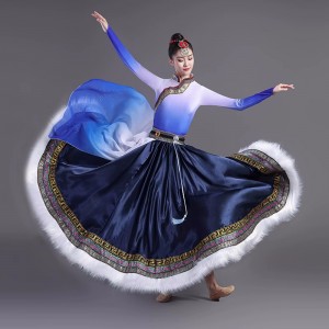 Female Blue chinese folk dance costumes Mongolian Tibetan dance performances dresses for women girls ethnic minority style women chopstick dance skirts for women