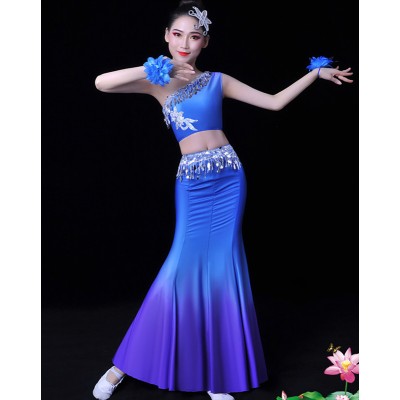 Female blue purple color Dai Thailand peacock Dance dress stage stage Performance Peacock Art Examination costumes Hip Fishtail Skirt belly Practice dresses