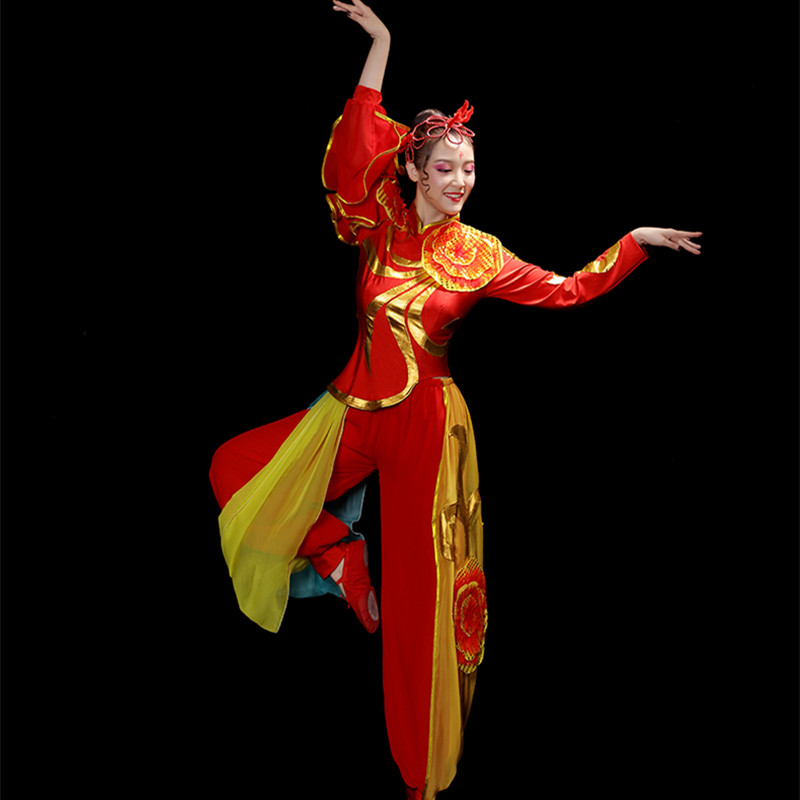 Female Red with gold chinese folk Dance Costume chinese dragon lion dance drummer performance dresses Lantern Dance Drumming Dance for women