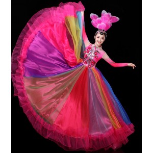 Flamenco dance dresses for women girls rainbow colored Spanish paso double dance skirts colorful Chinese folk traditional classical dance costumes choir chorus dress