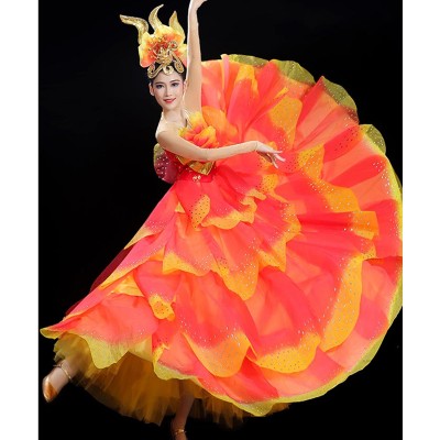 Flamenco Dance Dresses for women girls red with gold color Spanish bull paso double dance dress for female petals opening ballroom dance clothing 