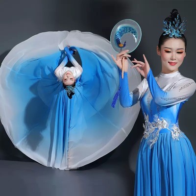 Flamenco Dance dresses fuchsia green blue gradient chinese folk Classical dance performance clothing opening dance song partner dance choir long skirts for women 