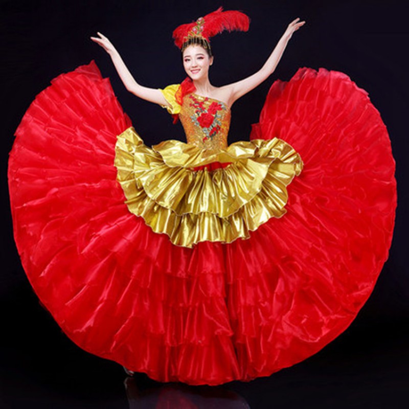 flamenco dress for women's girls  red with gold spanish bull  dance dresses samba dress modern dance opening dance big skirted dress