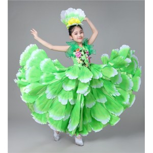 Flamenco dresses for girls petals ballroom green pink red opening dancing chorus stage performance competition dresses