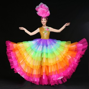 Flamenco dresses for women female ballroom rainbow sequin modern dance opening spanish bull dance long big skirted dresses