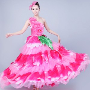Flamenco dresses for women female petals pink ballroom Spanish folk dance stage performance competition big skirted dresses