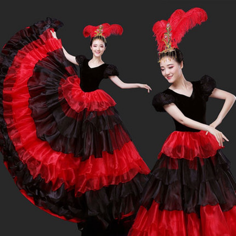 Flamenco dresses red with black women's female spanish stage performance bull dance dresses samba opening dance  big skirted dress