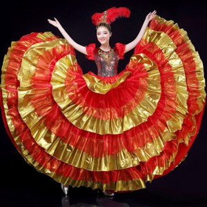 Flamenco dresses  red with gold women's Spanish bull dance dress samba dresses  big skirted stage performance opening dance dresses