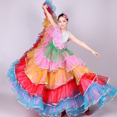 Flamenco rainbow dresses competition stage performance for women Spanish folk bull dance big skirted long dresses
