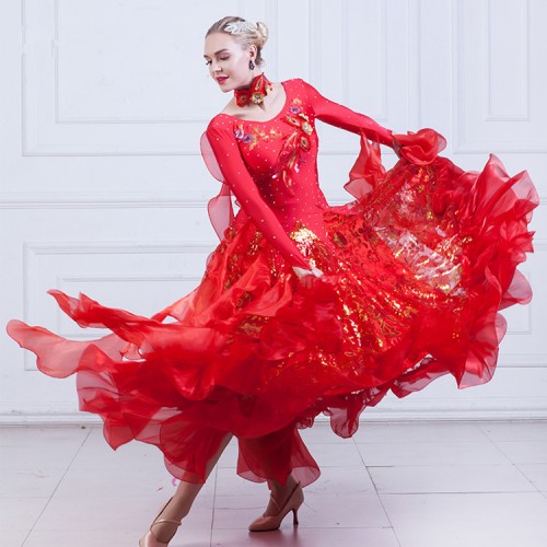 Flamenco red ballroom dance dresses for women Robe de danse de salon waltz tango competition diamond stage performance costumes 