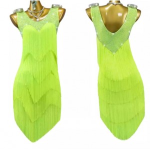 Flourescent yellow white royal blue black red competition fringe latin dance dresses for women girls salsa rumba chacha stage performance costumes for lady