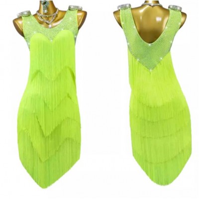 Flourescent yellow white royal blue black red competition fringe latin dance dresses for women girls salsa rumba chacha stage performance costumes for lady