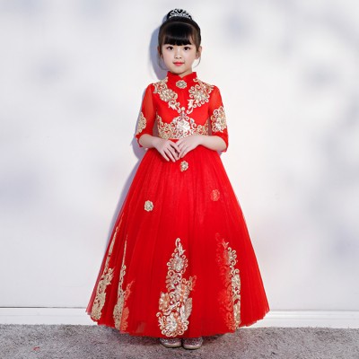Flower girls evening party dress children birthday party host singers model show stage performance dress piano competition long dresses for kids 