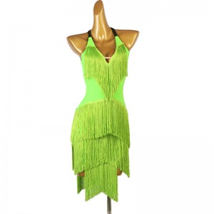 Fluorescent green fringe competition latin dance dresses for women girls halter neck sleevelss rhythm salsa rumba chacha modern dance costumes for female