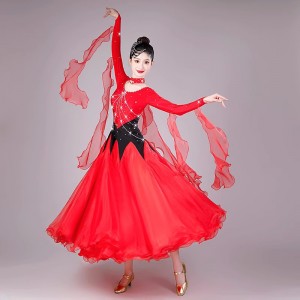 Fuchsia hot pink red competition ballroom dance dresses for women girls waltz tango foxtrot smooth rhythm flowy dance long gown for female