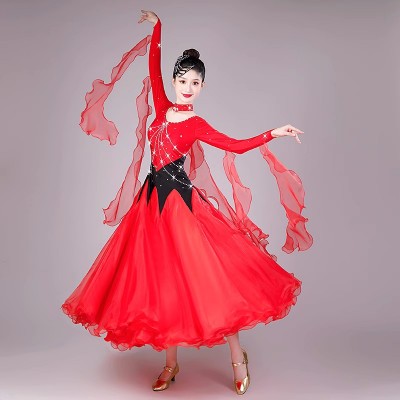Fuchsia hot pink red competition ballroom dance dresses for women girls waltz tango foxtrot smooth rhythm flowy dance long gown for female