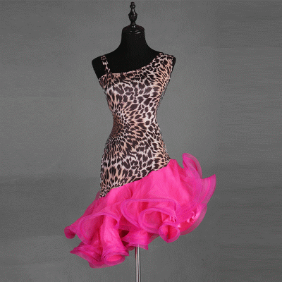 Fuchsia hot pink with leopard competition latin dance dresses for women girls asymmetrical ruffles skirt hem rumba salsa chacha dance dress for lady