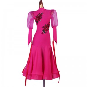 Fuchsia hot pink with rose flowers competition ballroom dance dress with gemstones for women girls sexy waltz tango foxtrot smooth dance long dress