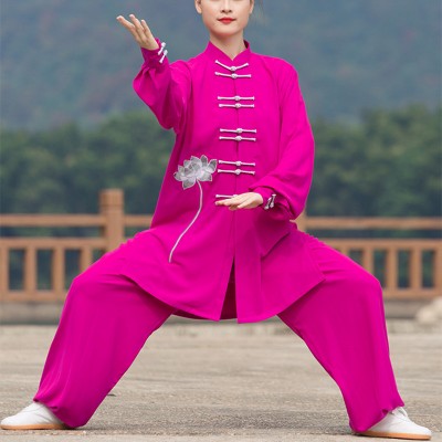 Fuchsia long sleeves Tai Chi clothing for female embroidery lotus Tai Chi martial arts performance competition practice clothing spring and autumn