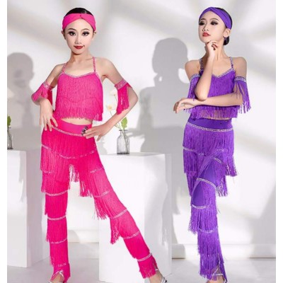 Fuchsia purple fringe competition latin dance dresses for girls kids juvenile ballroom latin salsa rumba stage performance tops and long pants modern dance outfits for girls