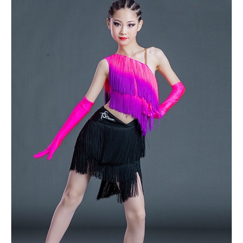 Fuchsia with violet fringe Latin dance  Dresses for kids children Latin dance performance clothing tassels short two-pieces latin dance costumes for girls