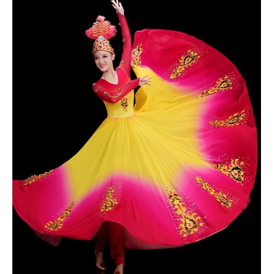 Fuchsia yellow gradient chinese Xinjiang dance costume for women chinese minority ethnic Uighur folk dance dresses opening ballroom dance dress