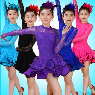 Girl Lace Long Sleeves Latin Dancewear Standard Kids Latin Competition dance Dress Children Salsa Ballroom Dancing costumes