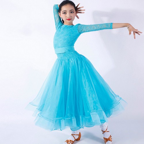 Girls ballroom dance dresses turquoise red black lace long sleeves waltz flamenco stage performance competition skirt dresses