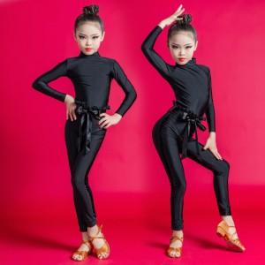 Girls Black Latin dance dresses modern rumba salsa cha cha dance outfits children  long-sleeved exercise regulations training performance tops and pants for kids