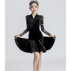 Girls black velvet latin dance dresses for children kids professional ballroom dance costumes for children