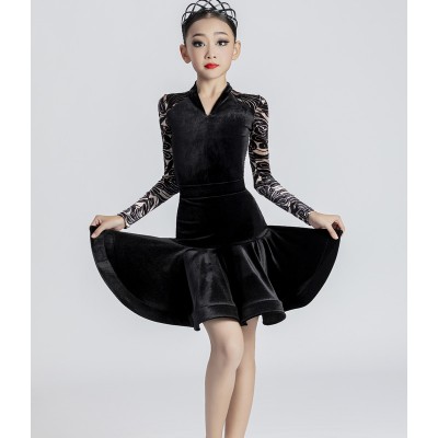 Girls black velvet latin dance dresses for children kids professional ballroom dance costumes for children