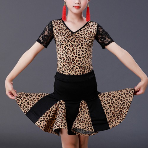 Girls black with leopard latin dance dresses stage performance rumba salsa chacha dance leotard top and skirts