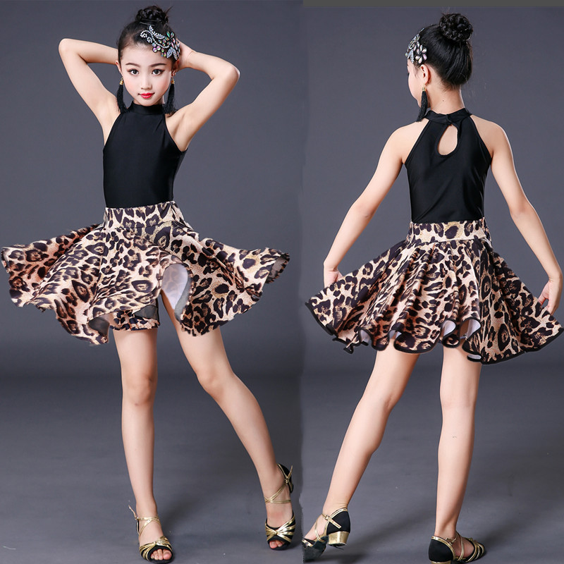 Girls black with leopard sleeveless latin dance dresses ballroom latin dancing costumes for children modern salsa dance outfits for girl