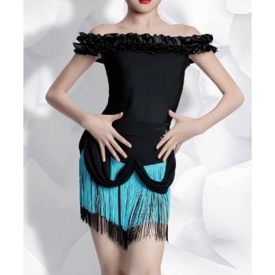 Girls black with turquoise fringe latin dance dresses for kids children ballroom salsa chacha rumba dancing outfits for girls
