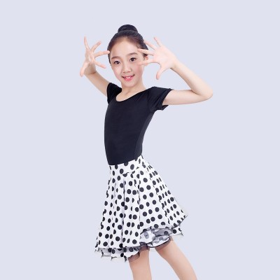 Girls black with white polka dot latin dance dresses for kids stage performance modern dance ballroom salsa chacha dance outfits for children