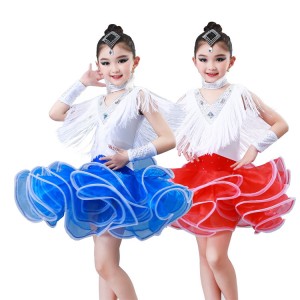 Girls blue competition latin dance dresses modern dance dress for kids ballet stage performance salsa chacha rumba dance skirts costumes