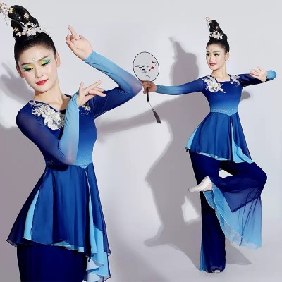 Girls Blue gradient chinese folk Classical dance costumes hanfu Jiaozhou Yangge dance dresses Women umbrella fan dance clothes for female