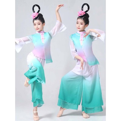 Girls Blue green Chinese folk dance costumes Hanfu dance fairy dress for kids classical Traditional performances Umbrella dance wear West Lake dance clothes for children