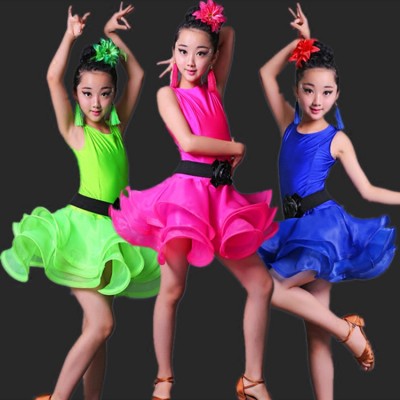 Girls Blue Red Professional Latin dancing dress Kids Ballroom Salsa Dance wear Outfits Children's Party Stage wear costumes
