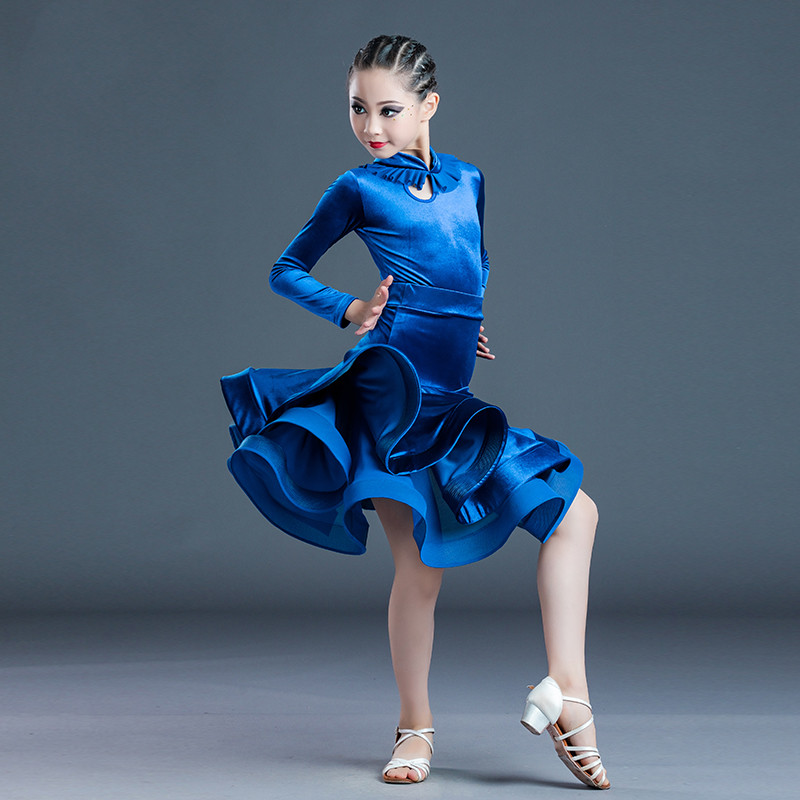 Girls blue velvet competition latin dance dresses modern ballroom dance costumes chacha salsa ballroom dance dress for kids 