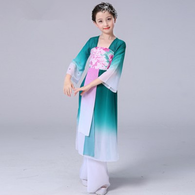 Girls blue with floral chinese folk dance costumes princess hanfu traditional classical dance fairy cosplay dresses